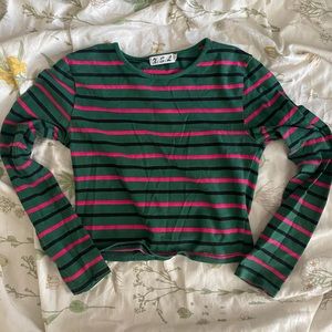X.S.L Green casual cropped long sleeve with red and black stripes